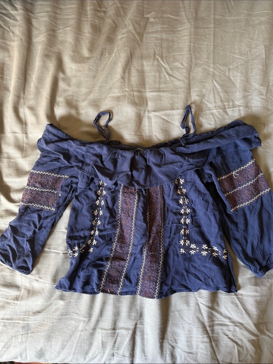 American Eagle Outfitters Tops - American Eagle Outfitters Navy Off-Shoulder Embroidered Peasant Blouse